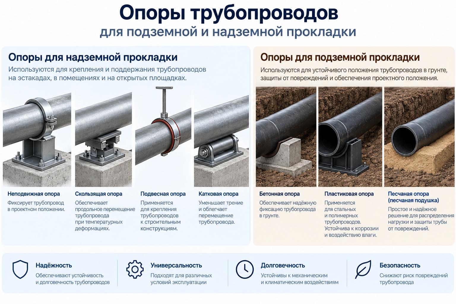 Опоры трубопроводов для подземной и надземной прокладки